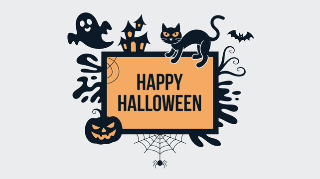 Happy Halloween holiday banner with ghost, black cat, haunted house, and pumpkin elements