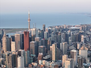 Fototapeta premium Aerial cityscape of Toronto downtown and waterfront at sunrise dusk and dawn. g.