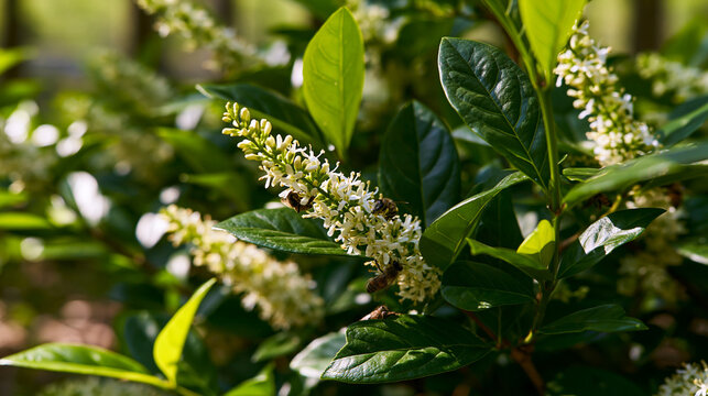 privet. Dense privet shrub blooming with tiny white flowers, bees collecting nectar. gardening catalogs, home-decor guides, designed for gardening and botanical catalogs, enhances decor appeal.