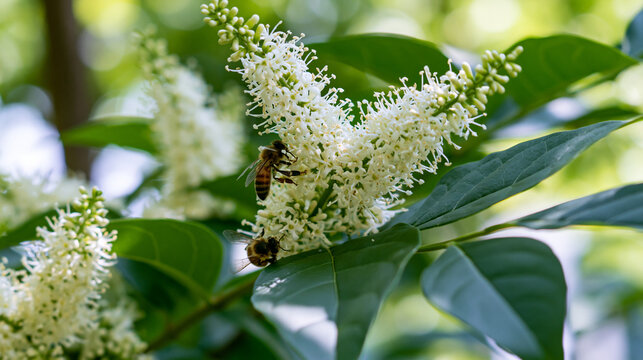 privet. Dense privet shrub blooming with tiny white flowers, bees collecting nectar. gardening catalogs, home-decor guides, designed for gardening and botanical catalogs, enhances decor appeal.