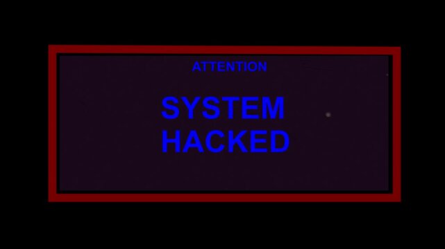 Warning message written in bold blue font inside a sharp crimson rectangular frame alerts network administrators to a serious system compromise and unauthorized entry into the secure digital database.