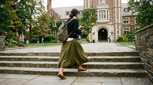 Student Walking Up Historic University Campus Steps.