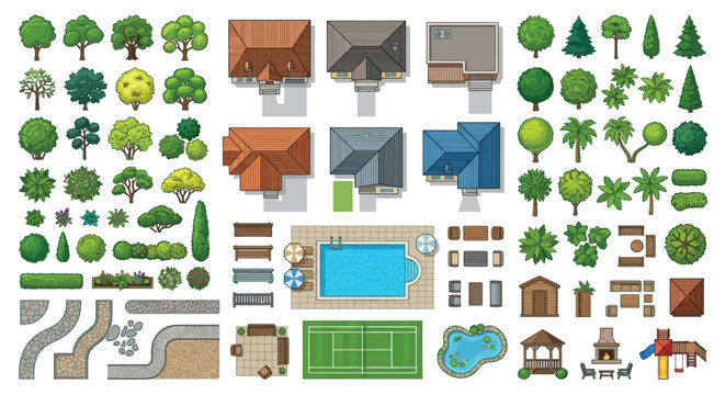 Vector illustration of building rooftops trees and outdoor elements on a white background