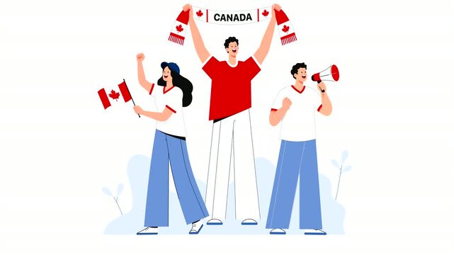 Editorial vector animation of Canada football supporters celebrating victory with flags, scarves, and cheers. Modern flat character motion graphics for soccer, sports events, and Canadian fan culture.