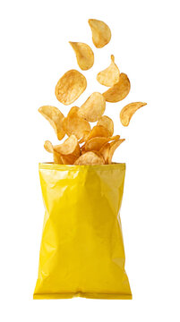 Potato Chips Bursting From Yellow Bag On Transparent Background