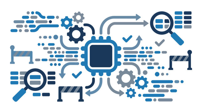 Microchip with gearMicroprocessor Forensics Analysis and Hardware Firmware Vulnerability Scanning Infrastructure Concepts and magnifying glasses.