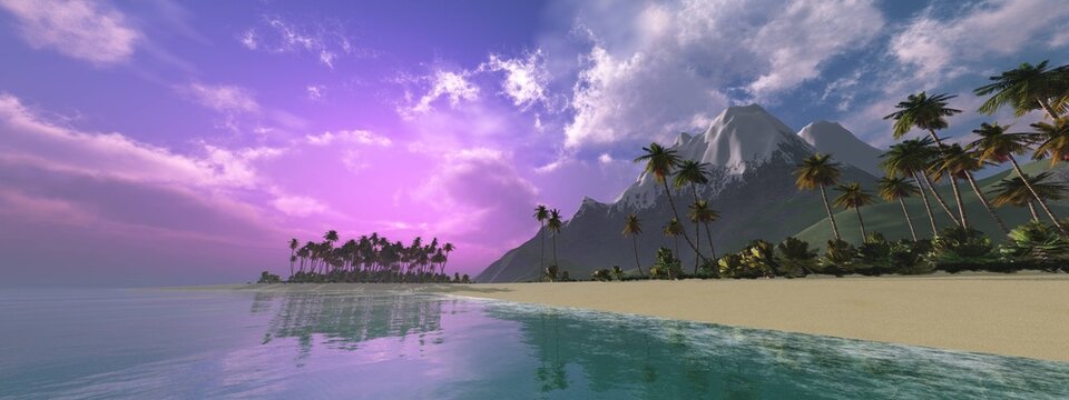 Beautiful sunset over the sea, palm trees on a beach with a snow-capped mountain in the background. Mountain and beach, beach at sunset, sea with sun, sea sunset, 3D rendering