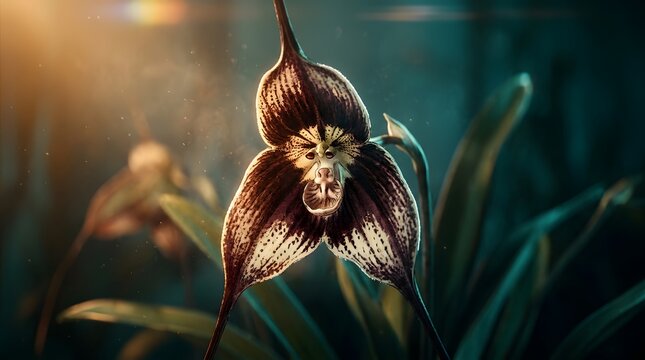 Rare Dracula Simia monkey face orchid flower, professional cinematic studio photograph of an exotic dark purple and white orchid with a realistic monkey face pattern