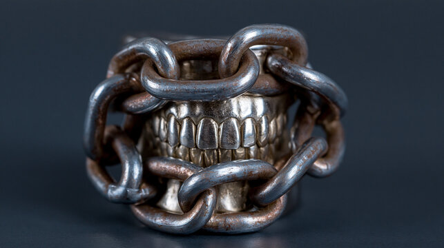 constrained. Metal dental model wrapped in heavy chains, symbolic representation of constrained movement on dark background. wellbeing guides.
