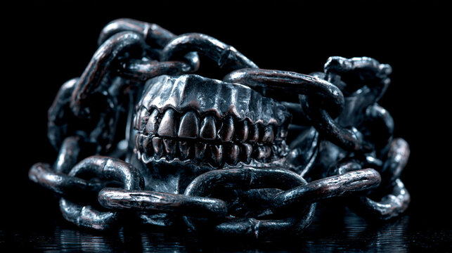 constrained. Metal dental model wrapped in heavy chains, symbolic representation of constrained movement on dark background. wellbeing guides.