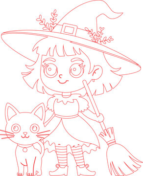Happy little witch girl with pointed hat and broom standing beside an adorable cat