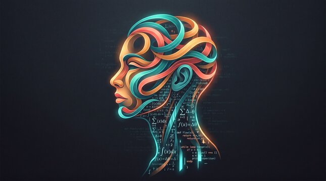 Digital human face composed of code and mathematical equations futuristic technology concept