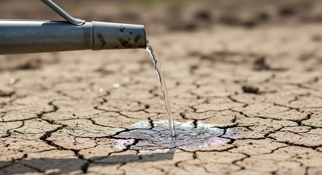 Water pouring from metal nozzle onto cracked parched earth with irrigation