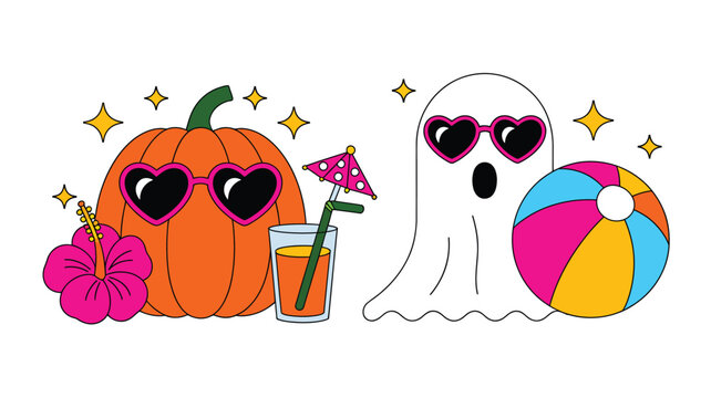 Happy pumpkin and cool ghost celebrating a fun summer Halloween holiday together