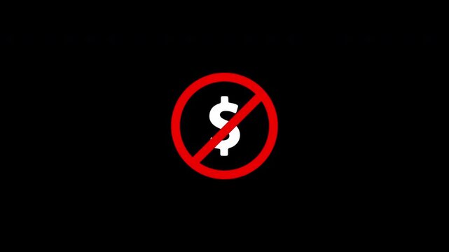 No money sign and Financial crisis concept with red prohibition sign over dollar currency symbol, bankruptcy and debt free icon animation with transparent background in 4K VIDEO with Alpha channel.