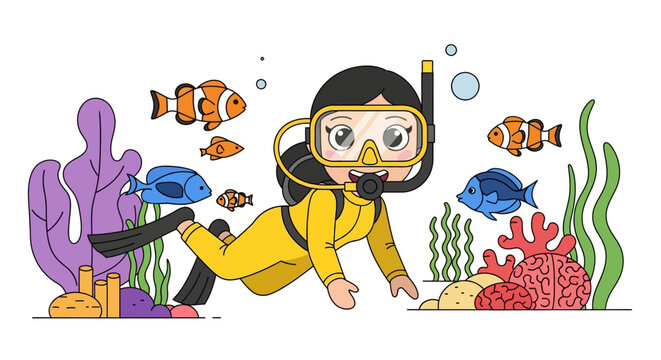 A cartoon illustration of a happy girl in a yellow wetsuit snorkeling underwater with colorful fish and vibrant coral reefs.