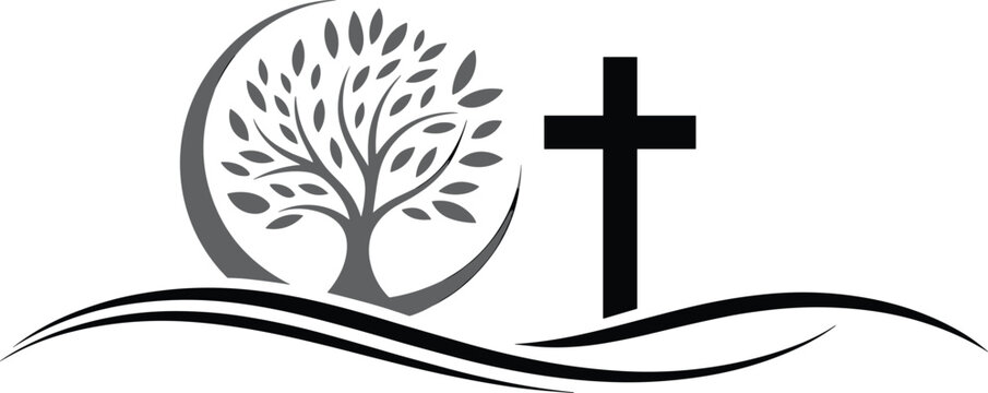 Christian religious vector background template with holy cross tree of life and crescent moon isolated on white background