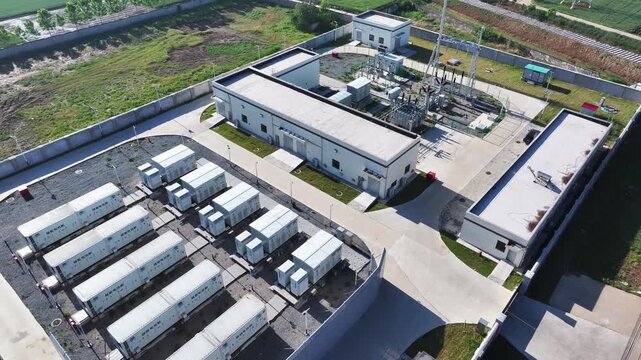 Aerial view of battery energy storage station with containerized battery arrays arranged in orderly rows