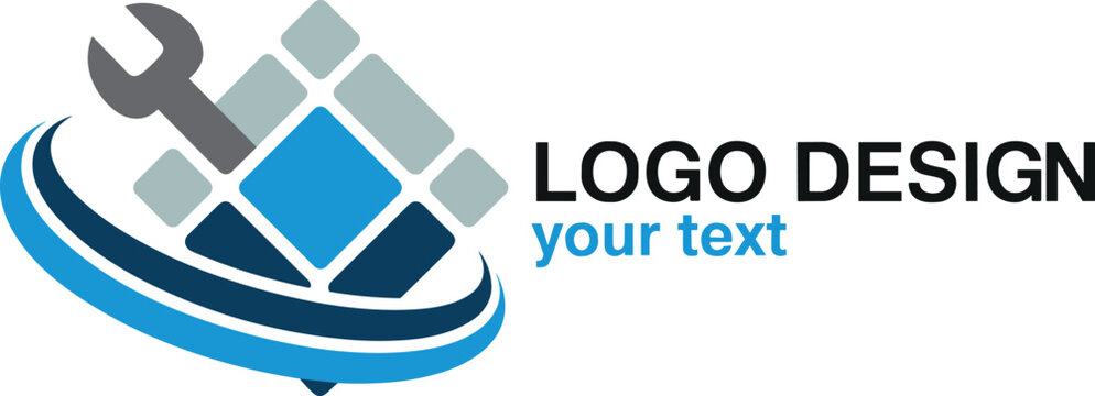Construction service company logo design template with roof tile grid wrench tool and wave vector emblem on white background
