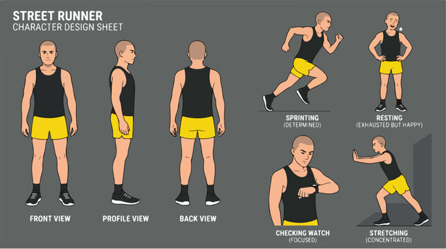 Street runner character design sheet showing various poses and views.