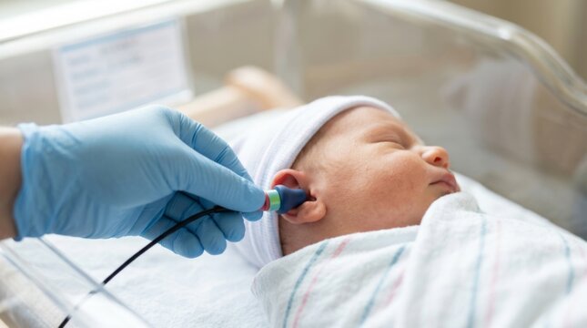 Newborn baby receiving hearing screening test in a hospital nursery from a healthcare professional