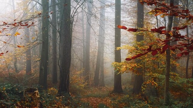 Moving through the trees of a misty forest in autumn. Fog and fall foliage create a magical atmosphere in this colorful landscape. 