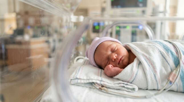 Newborn baby sleeping peacefully in an incubator with medical equipment in the background, cared for by hospital staff