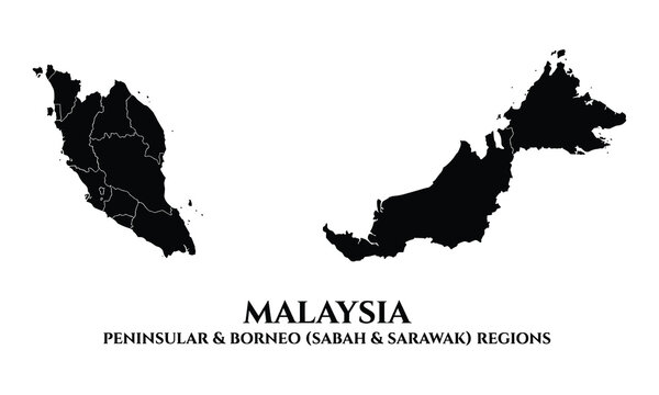 Detailed black silhouette map of Malaysia, showing Peninsular and Borneo Sabah Sarawak regions with state borders on white background illustration
