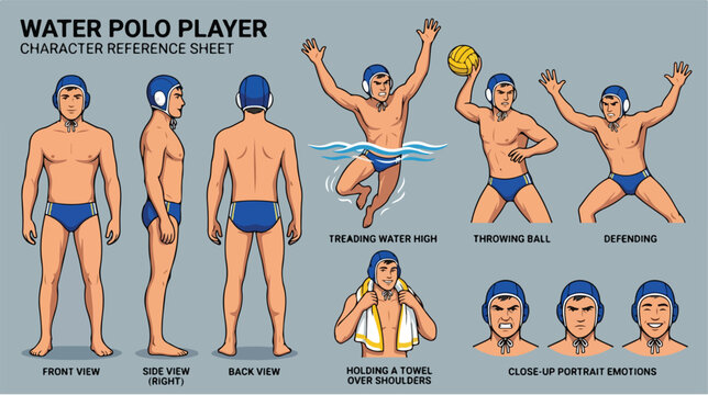 Water Polo Player Character Design Reference Sheet.