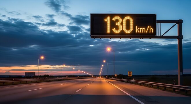 Speed limit sign on highway at dusk