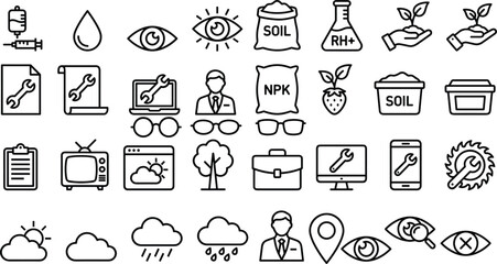 Naklejka premium Set of diverse linear icons featuring agriculture, technology, maintenance, and vision symbols