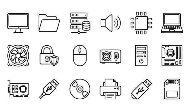 Thin Line Gray Computer Hardware and Data Storage Vector Icon Set with Monitor CPU Motherboard and Network Symbols