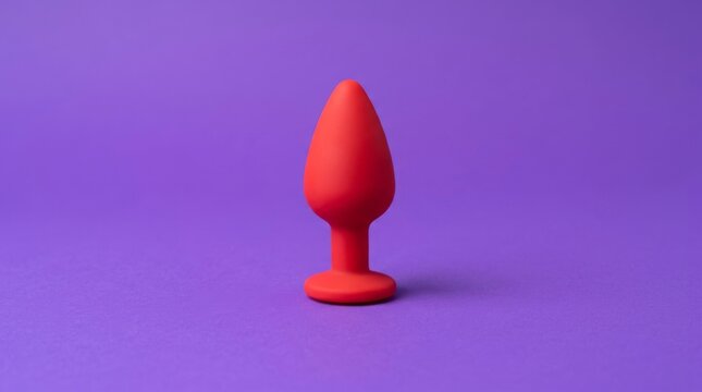 Red silicone butt plug isolated on a vibrant purple background. Adult sex toy for pleasure and intimacy with copy space.