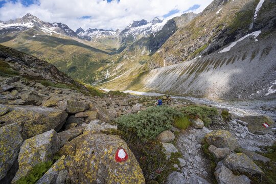 Hiker on marked hiking trail, descent from Sch&ouml;nbichler Horn to Berliner H&uuml;tte, moraine landscape, Waxeggkees Glacier, Berliner H&ouml;henweg, Zillertal Alps, Zillertal, Tyrol, Austria
