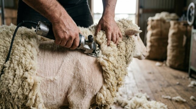 Farmer shearing wool from a sheep with electric clippers in a rustic shed
