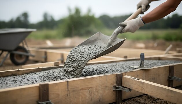 Worker shoveling fresh wet concrete mixture into a wooden foundation form