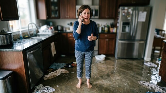A concerned woman speaks on the phone while standing in a flooded kitchen, dealing with an urgent household emergency. Water covers the floor as the distraught homeowner seeks help to address.