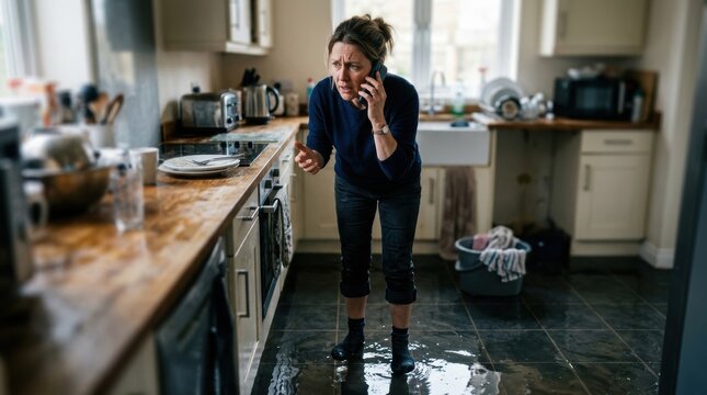 A concerned woman speaks on the phone while standing in a flooded kitchen, dealing with an urgent household emergency. Water covers the floor as the distraught homeowner seeks help to address.