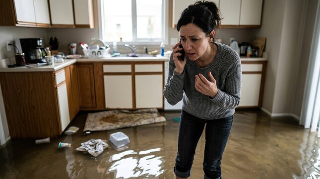 A concerned woman speaks on the phone while standing in a flooded kitchen, dealing with an urgent household emergency. Water covers the floor as the distraught homeowner seeks help to address.