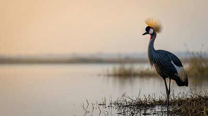 Obraz premium Grey crowned crane standing near calm lake at dawn