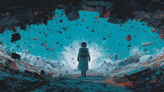Sci-fi concept art: Astronaut standing in front of exploding ruin tunnel with floating debris and blue light