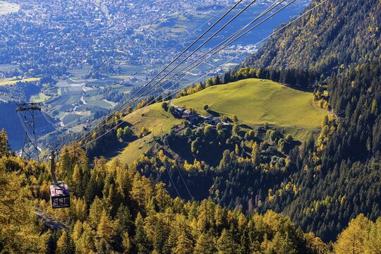 Merano 2000 mountain railway, near the summit station, below the spa town of Merano, South Tyrol, Italy
