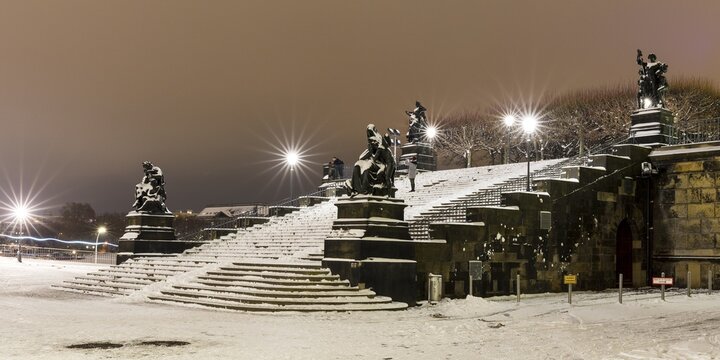 Stairway to Br&uuml;hl's Terrace with figures The four times of day in the snow, at night, Dresden, Saxony, Germany