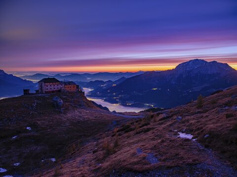 Watzmannhaus at dawn, fog in the valley, right Hoher G&ouml;ll, Berchtesgaden National Park, Sch&ouml;nau am K&ouml;nigssee, Berchtesgadener Land, Upper Bavaria, Bavaria, Germany