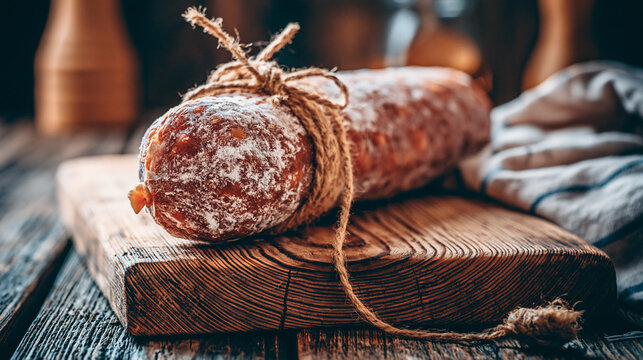saucisson. Thick French saucisson on rustic board with white mold, tied with twine, artisanal feel. menu design, packaging mockups, designed for food delivery and cloud-kitchen brand materials.