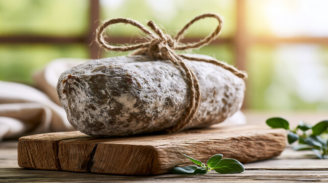 saucisson. Thick French saucisson on rustic board with white mold, tied with twine, artisanal feel. menu design, packaging mockups, designed for food delivery and cloud-kitchen brand materials.