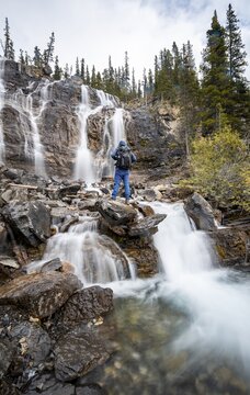 Hiker at Tangle Creek Falls, in autumn, Jasper National Park, Alberta, Canada (Hiker) at Tangle Creek Falls, in autumn, Jasper National Park, Alberta, Canada