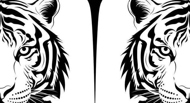 Graphic black and white illustration of mirrored tiger face with illustration