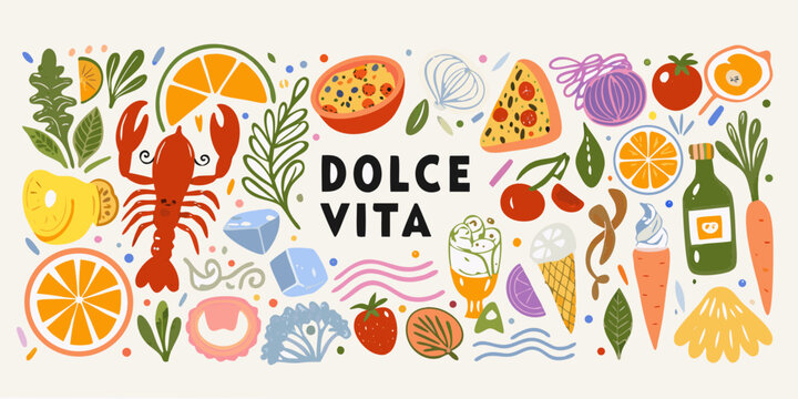 Italian Food Collection A Colorful Vector Illustration Of Fruits And Seafood