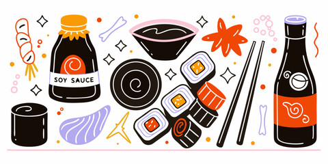 Soy Sauce Bottles Sushi And Chopsticks Vector Illustration With Orange Accents © Juna